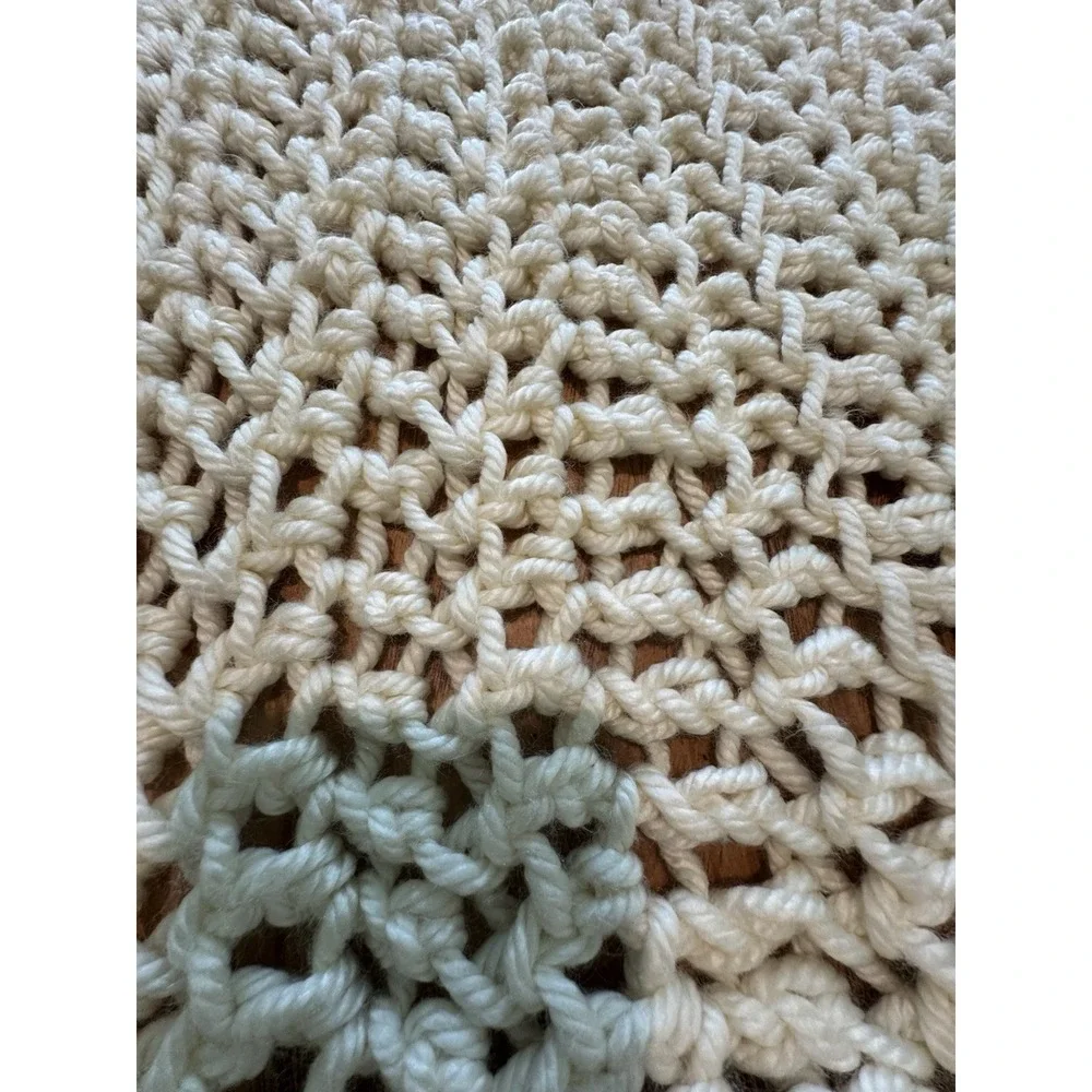 Afghan Blanket Wrap Crochet Handmade Bulky Chunky Baby Lap Ivory 45 X 39